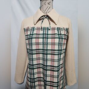 Vintage 60s-70s Momentum Preppy Cream & Plaid A-Line Sweater Dress W Bow.